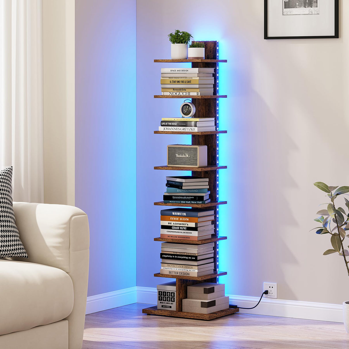 TUTOTAK Narrow Bookshelf, 8-Tier Bookcase with LED Lights, Spine Book Shelf for Small Space, Corner Standing Shelf for Living Room, Office, Study, Entryway, Rustic Brown BS06BB008L TUTOTAK