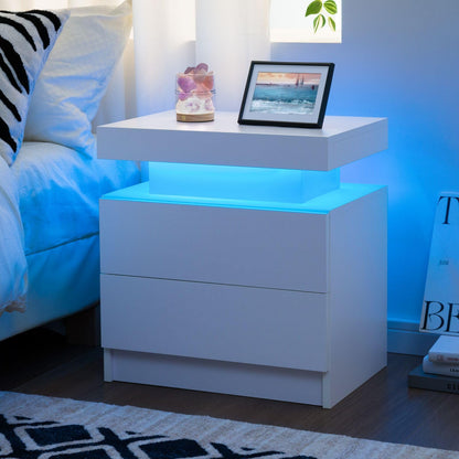 Cubehom White Nightstand LED Bedside Table for Bedroom Modern Night Stand with 2 Wood Drawers End Side Table for Bedroom