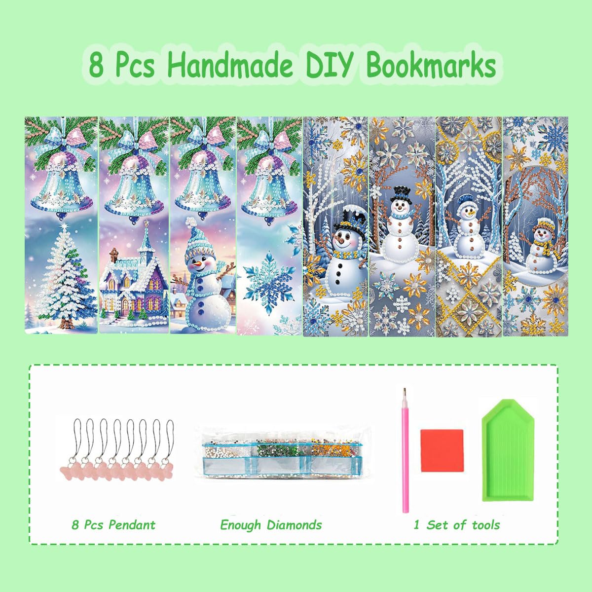 8 Pcs 5D Diamond Art Bookmarks for Reading Lovers, Handmade DIY Diamond Painting Book Marks with Tassels for DIY Making Beginners Adults Arts Craft Supplies (Snowman) JBTM24