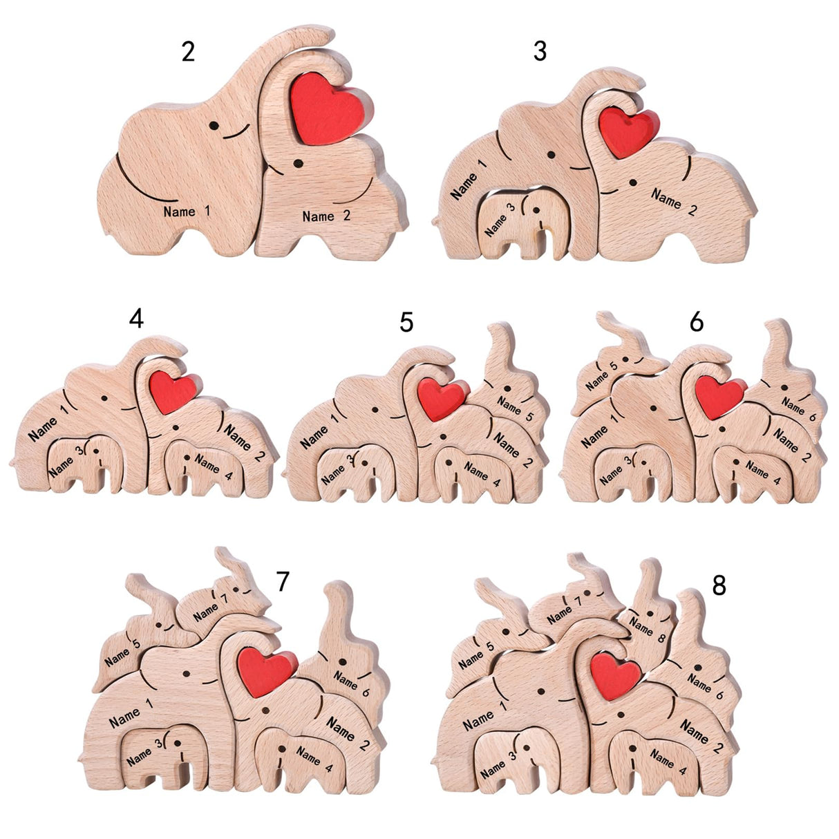 Personalized Wooden Bear Family Puzzles 1-8 Names Customizable Wooden Puzzle Home Table Decor Gift for Dad Mom Couple (Elephants) Daysilia