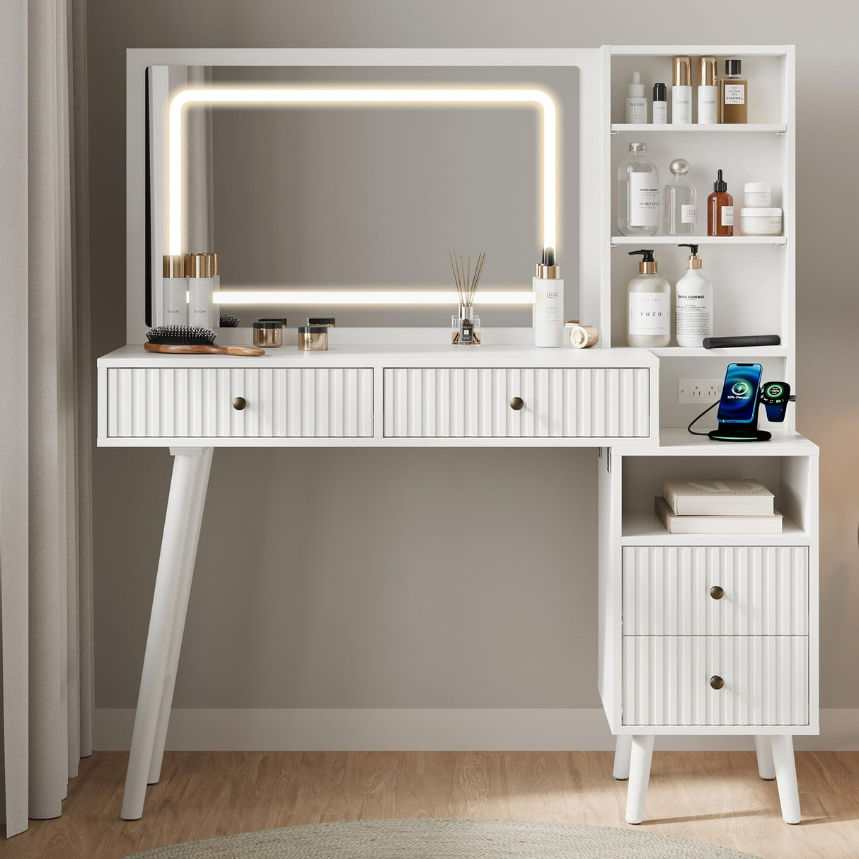Fluted Makeup Vanity Desk with 36" Large Mirror and 3 Modes Adjustable Lights, 48" Big Modern Vanity Mirror with Lights and Charging Station, Vanity Table with Drawers and Solid Wood Legs for Bedroom HEYNEMO