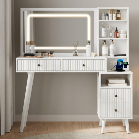 Fluted Makeup Vanity Desk with 36" Large Mirror and 3 Modes Adjustable Lights, 48" Big Modern Vanity Mirror with Lights and Charging Station, Vanity Table with Drawers and Solid Wood Legs for Bedroom HEYNEMO