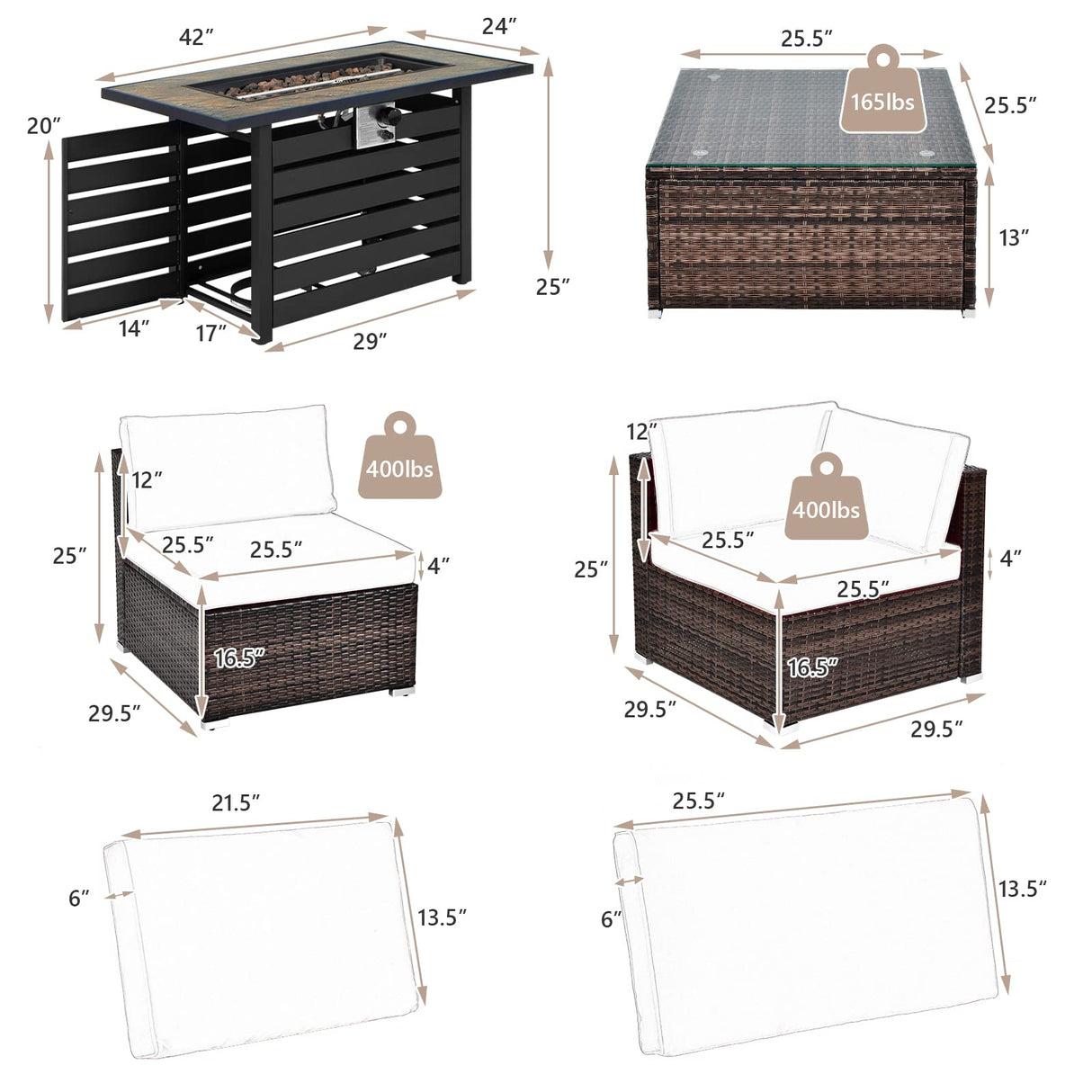 Tangkula 7-Piece Outdoor Patio Furniture Set with 42" Propane Fire Pit Table, Outdoor Wicker Conversation Set with Cushions and Tempered Glass Coffee Table, 50,000 BTU Gas Fire Pit Table (Off White) Tangkula