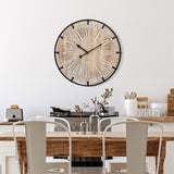 UPPER DECOR 24 Inch Large Farmhouse Wall Clock - Rustic Wooden Silent Wall Clock with Metal Circle & Engraved Numerals, Battery Operated for Kitchen, Bedroom, Living Room, Fireplace Mantel Decor UPPER DECOR