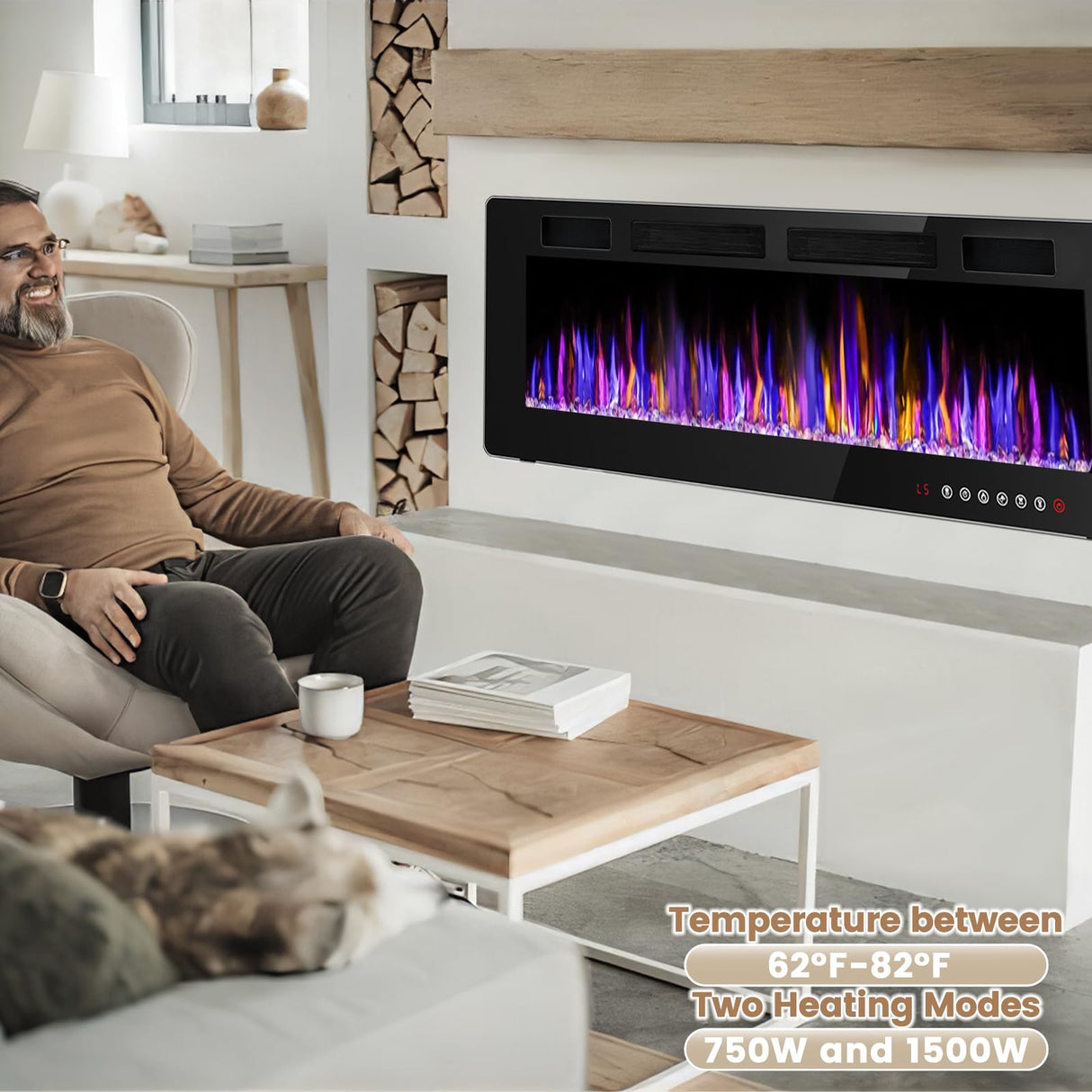 BOSSIN 72" Electric Fireplace Wall Mounted and Recessed with Remote Control, Low Noise, 750/1500W Ultra-Thin Wall Fireplace Heater and Timer Adjustable Flame Color and Brightness with Crystal BOSSIN