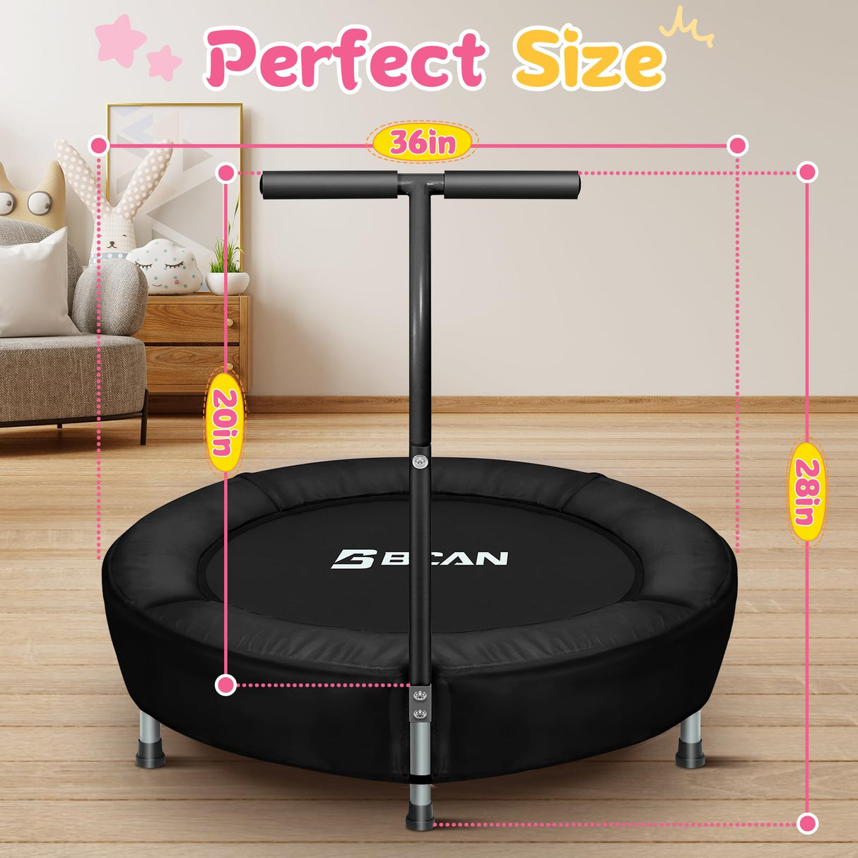 BCAN 36'' Mini Folding Ages 2 to 5 Toddler Trampoline with Handle for Kids, Indoor/Garden Toddlers Trampoline with Super Safe Cover for Toddlers, Black BCAN