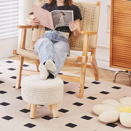 Wimarsbon Pouf Ottoman, 100% Cotton Knitted Boho Footstool, Round Footrest with Non-Skid Wood Legs, Home Décor Handmade Pouffe, Leisure Floor Step Stool for Living Room (Beige) Wimarsbon