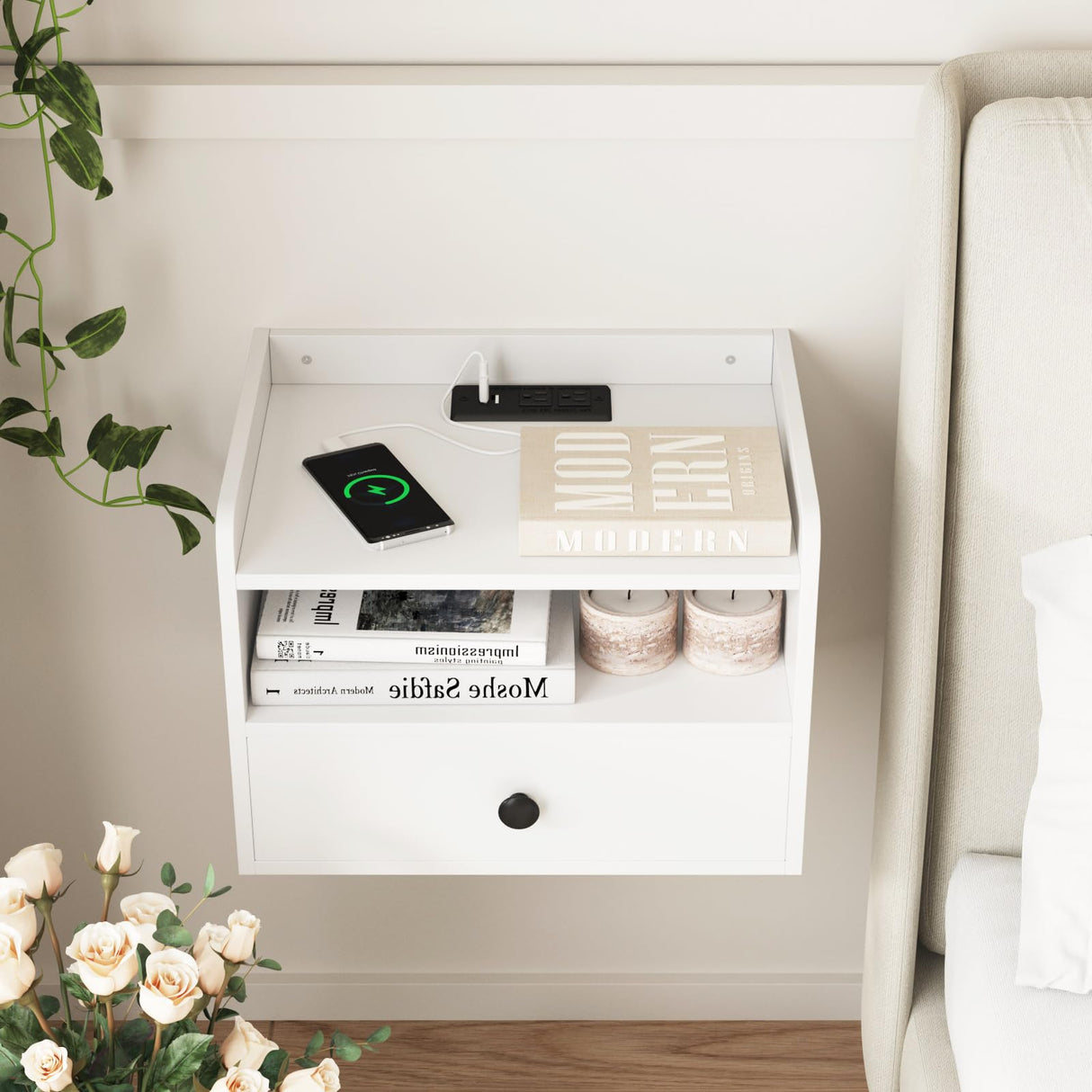 Floating Nightstand Set of 2 with Charging Station Modern Night Stand for Bedroom with Drawer Small Bedside End Table with Outlet Wood Wall Mounted Nightstands Set 2White HOSEOKA