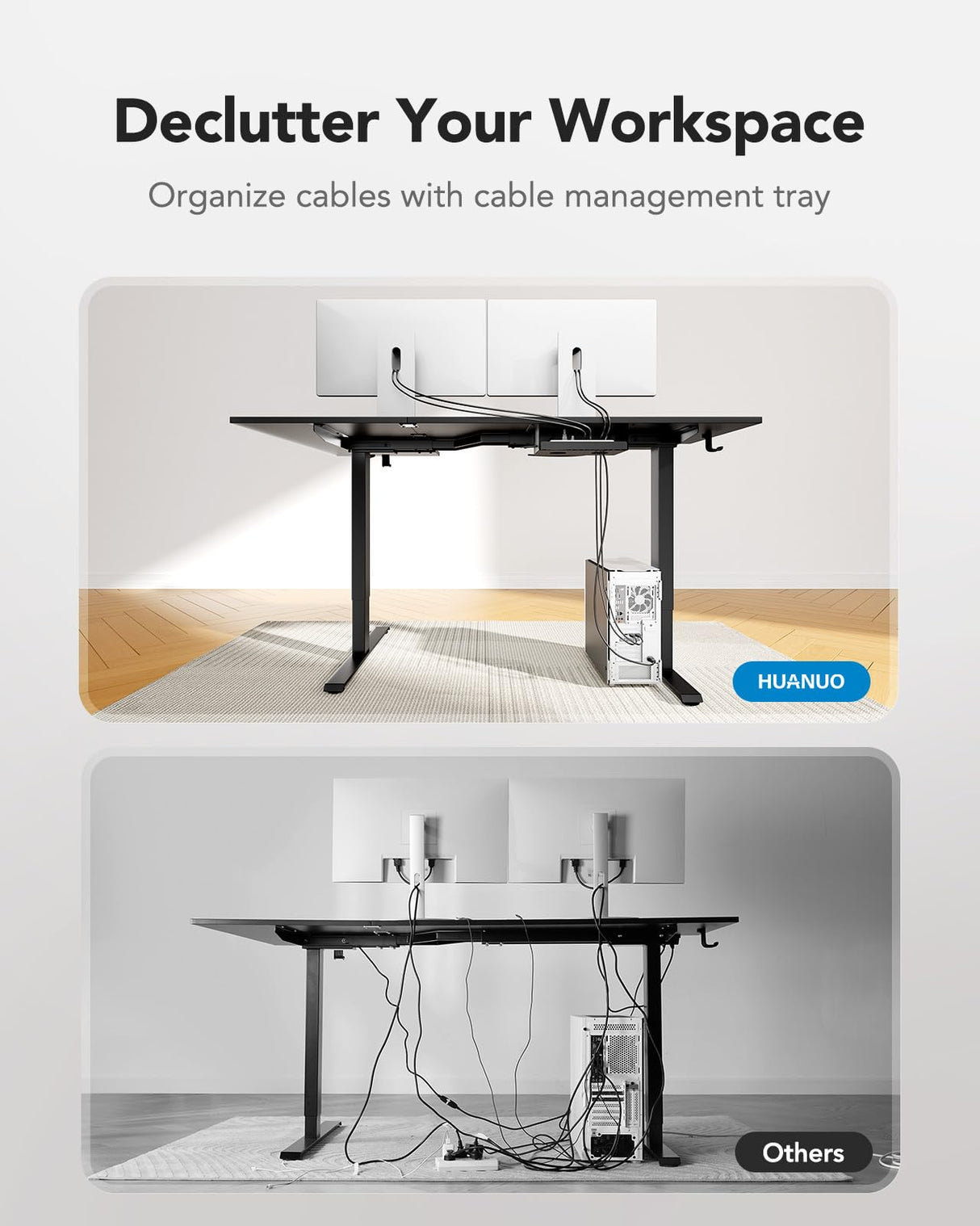 HUANUO L-Shaped Standing Desk, 63 x 40 inch Dual Motor Corner Standing Desk, Electric Height Adjustable Computer Desk with Cable Tray & 3 Preset Heights, Raising Desk for Home Office, Black, HNESD109 HUANUO