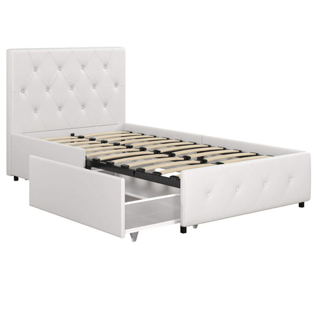 DHP Dakota Upholstered Platform Bed with Underbed Storage Drawers and Diamond Button Tufted Headboard and Footboard, No Box Spring Needed, Twin, White Faux Leather DHP