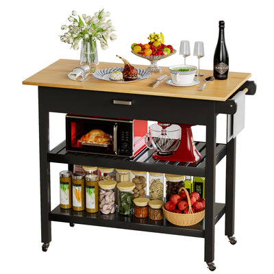 HiDSLiving Kitchen Island 42" Rolling Kitchen Island Cart On Wheels with Drawer Towl Rack 3 Tiers Rolling Utility Cart with Solid Wood Top Serving Trolley for Dining Room Black