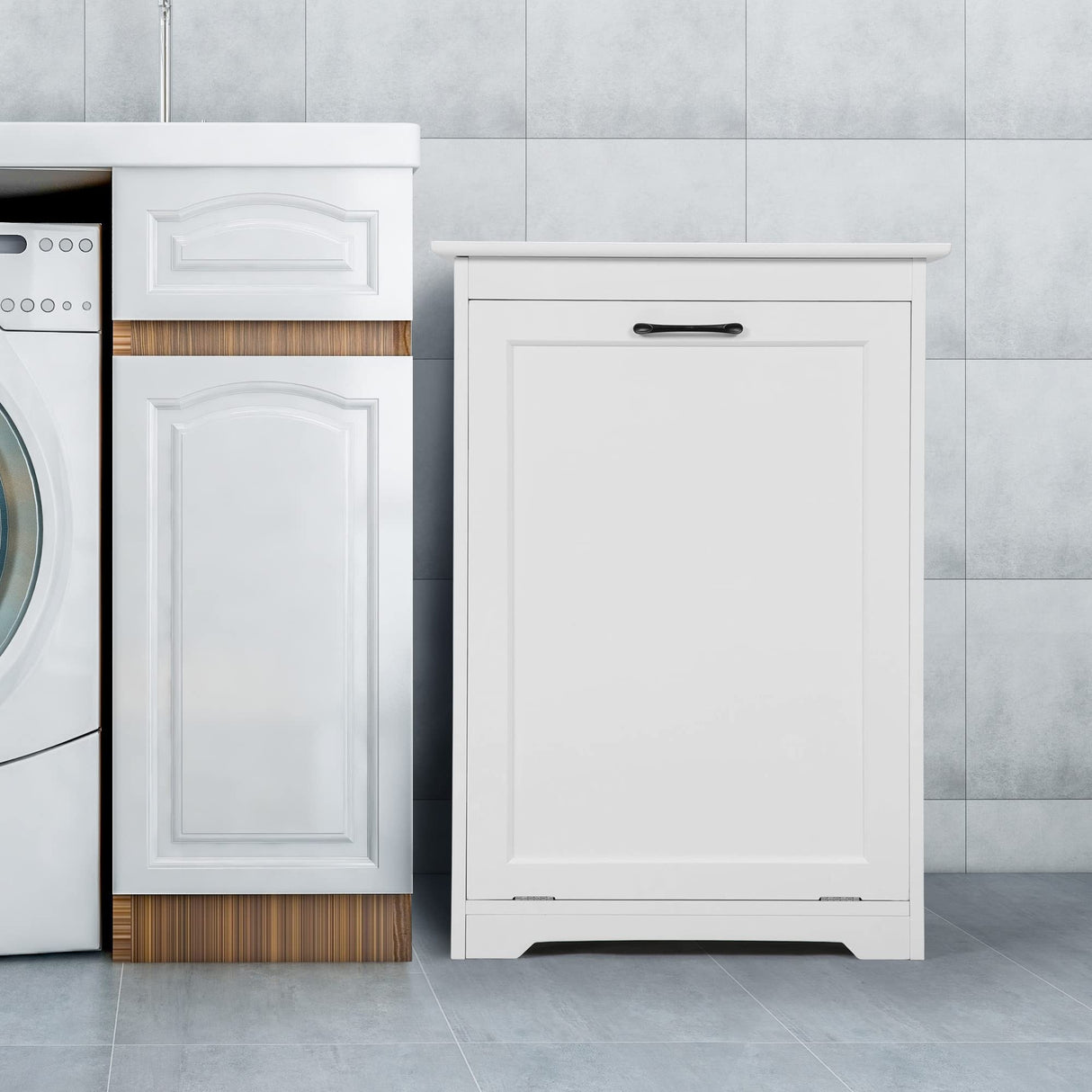 Sardoxx Wooden Tilt Out Trash Cabinet Kitchen Trash Can Rack Garbage Recycling Bucket Kitchen Cabinet, Hidden Garbage Cabinet with Angle Adjustable Door, Holds 13 Gallons, White Sardoxx