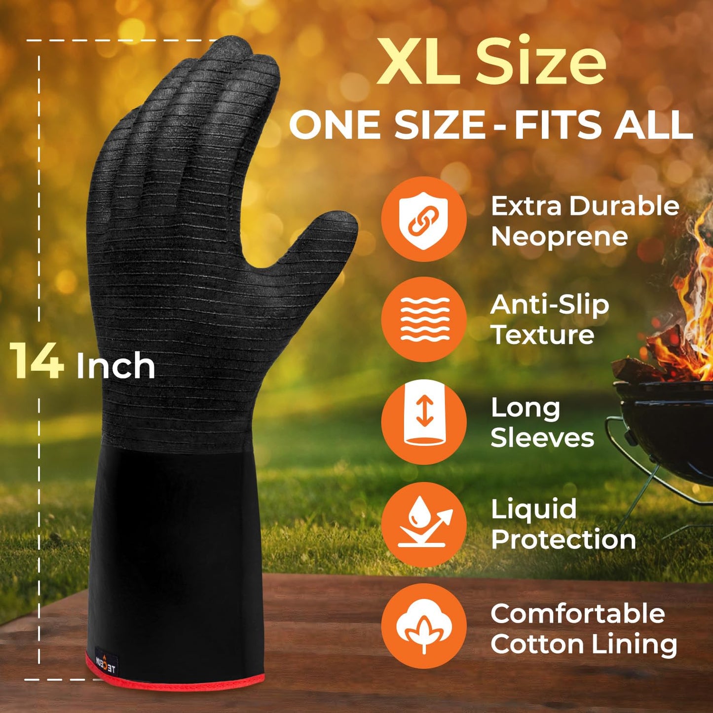 TECEUM BBQ Grill Gloves – Extreme Heat Resistant 1472 F – Extra Long Sleeve Protection – Non Slip Grip Oven Gloves for Barbecue, Grilling, Cooking, Smoking, Deep Frying, Rotisserie – XL Size