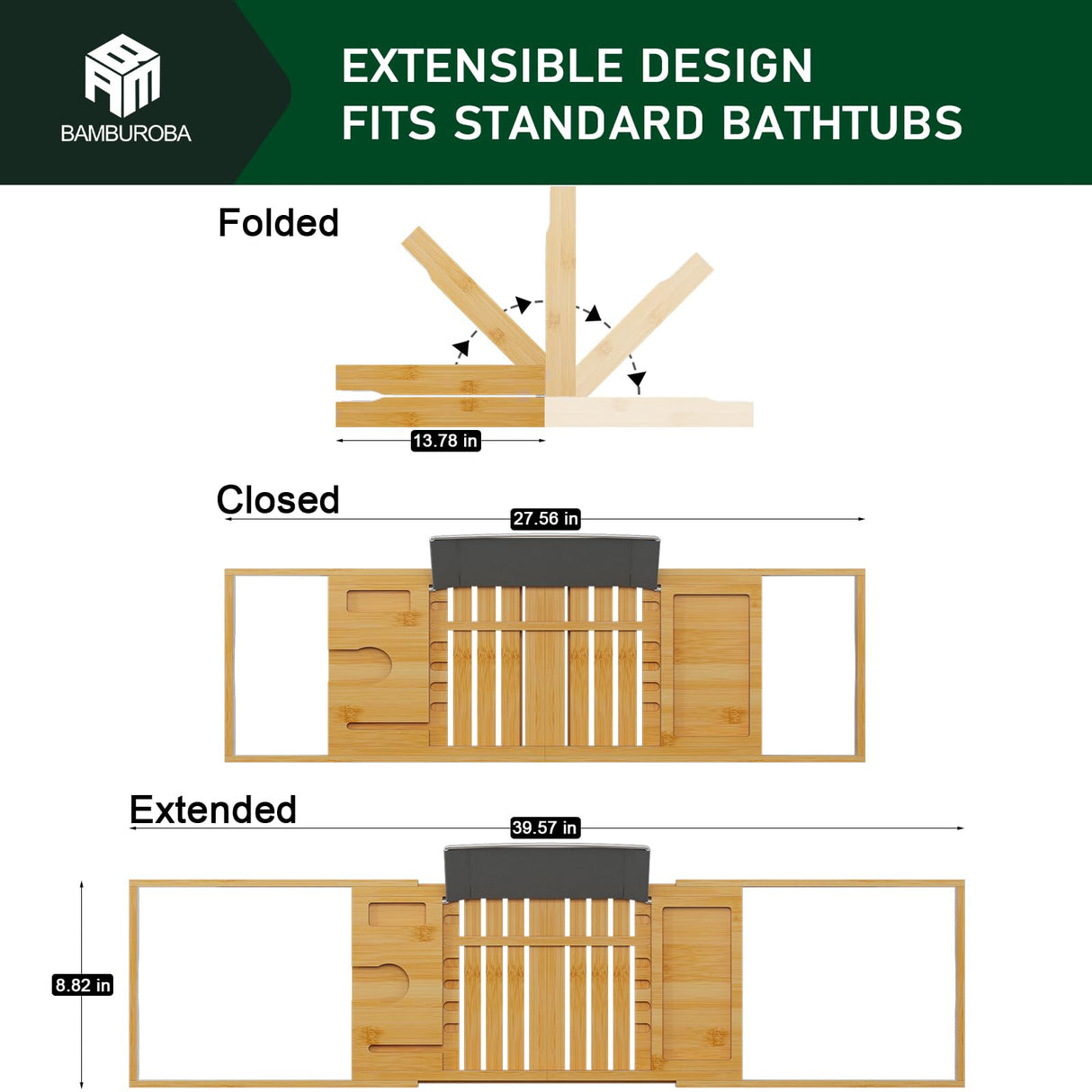 Foldable Bamboo Bathtub Caddy Tray Expandable for Luxury Bath, Bath Accessories & Table with Wine Glass Holder, Book Stand Bathroom Organizer with Extending Sides for Men/Women BAMBUROBA