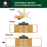 Foldable Bamboo Bathtub Caddy Tray Expandable for Luxury Bath, Bath Accessories & Table with Wine Glass Holder, Book Stand Bathroom Organizer with Extending Sides for Men/Women BAMBUROBA