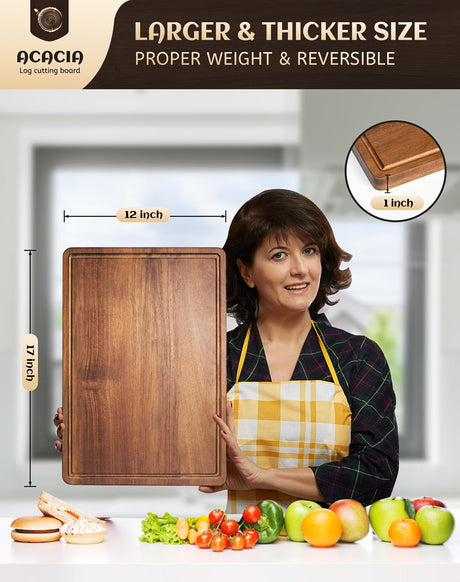 Large Cutting Board Wood for Kitchen, 17x12x1" Reversible Large Wooden Chopping Board Charcuterie boards with Juice Grooves and Side Handles, Ideal Misawce