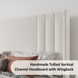 Albott King Size Platform Bed Frame, Upholstered Bed with Vertical Channel Tufted Wingback Headboard & Footboard, Premium Velvet, No Box Spring Needed, Cream Albott