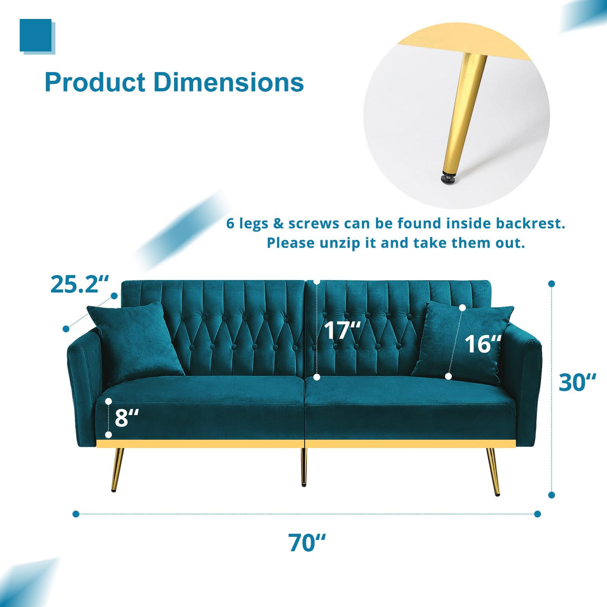 ACMEASE 70” Velvet Futon Sofa Bed w/Adjustable Armrests and Backrest, Convertible Futon Couch w/2 Pillows, Modern Sleeper Bed for Living Room, Bedroom, Teal ACMEASE