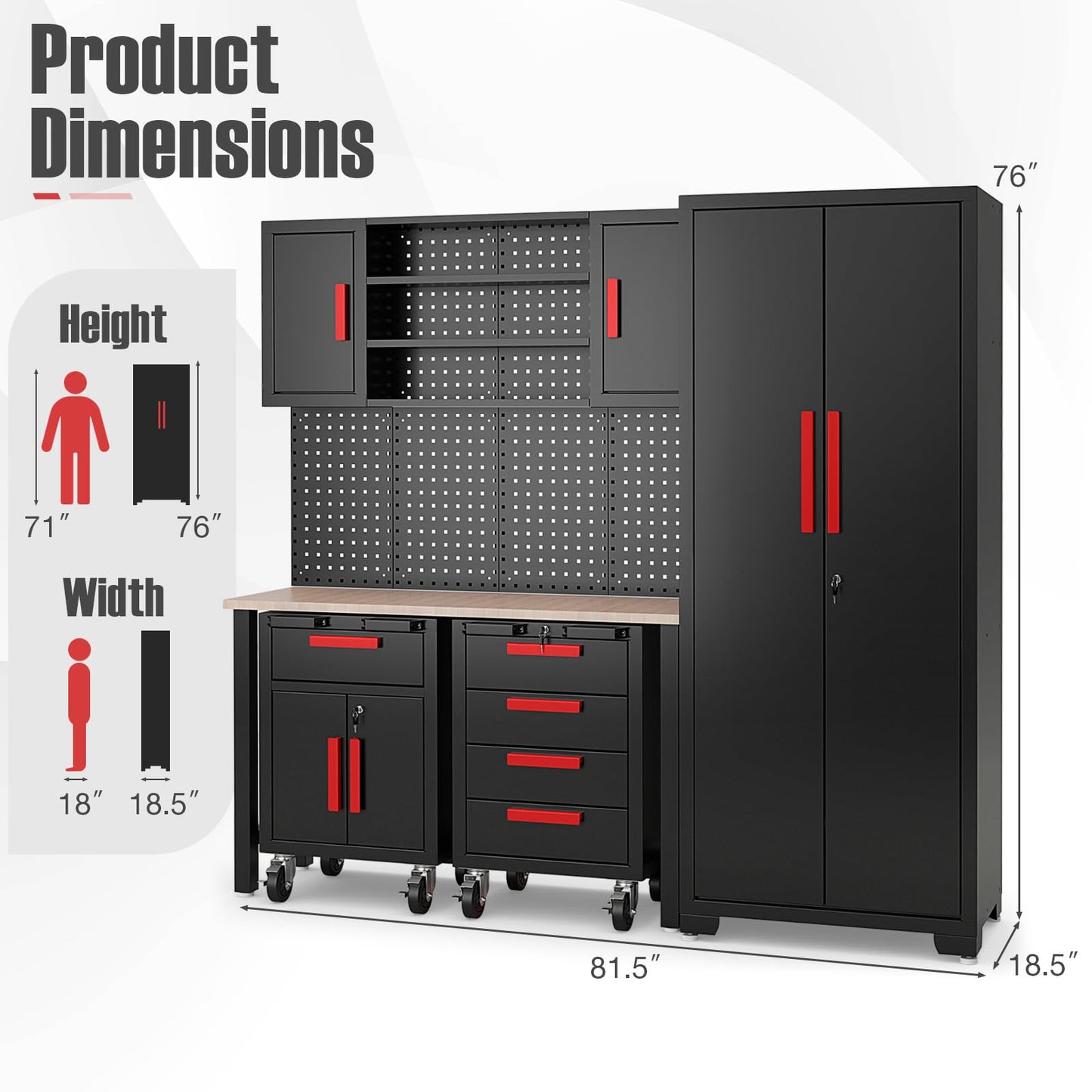 Goplus Garage Cabinets and Storage System, 6-Piece Garage Organization Cabinets Set with Rubber Wood Worktop, Pegboard, 2 Rolling Chests, Lockers, Tool Storage Chest for Workshop, 81.5” x 18. - WoodArtSupply