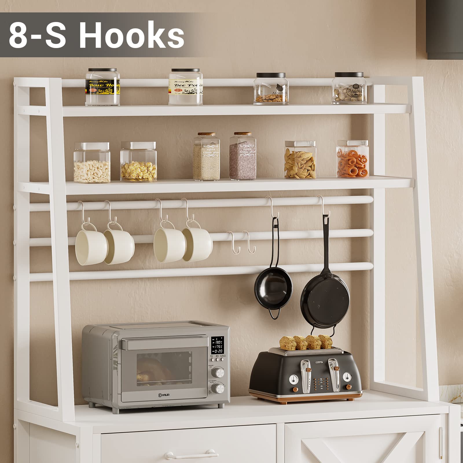 Itaar Farmhouse Baker's Rack with Coffee Bar, Wine Rack, Drawer and Hooks - White Microwave Stand - WoodArtSupply