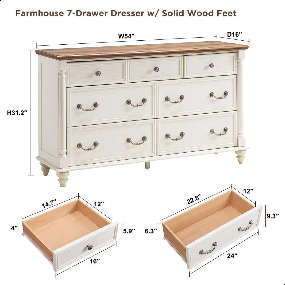 T4TREAM Farmhouse 7 Drawers Dresser Chests for Bedroom w/ 4 Solid Wood Feet & Column Decor, Tall Wide Wood Country Rustic Chest of Drawers, Storage Dressers for Bedroom, Living Room, Antique White T4TREAM