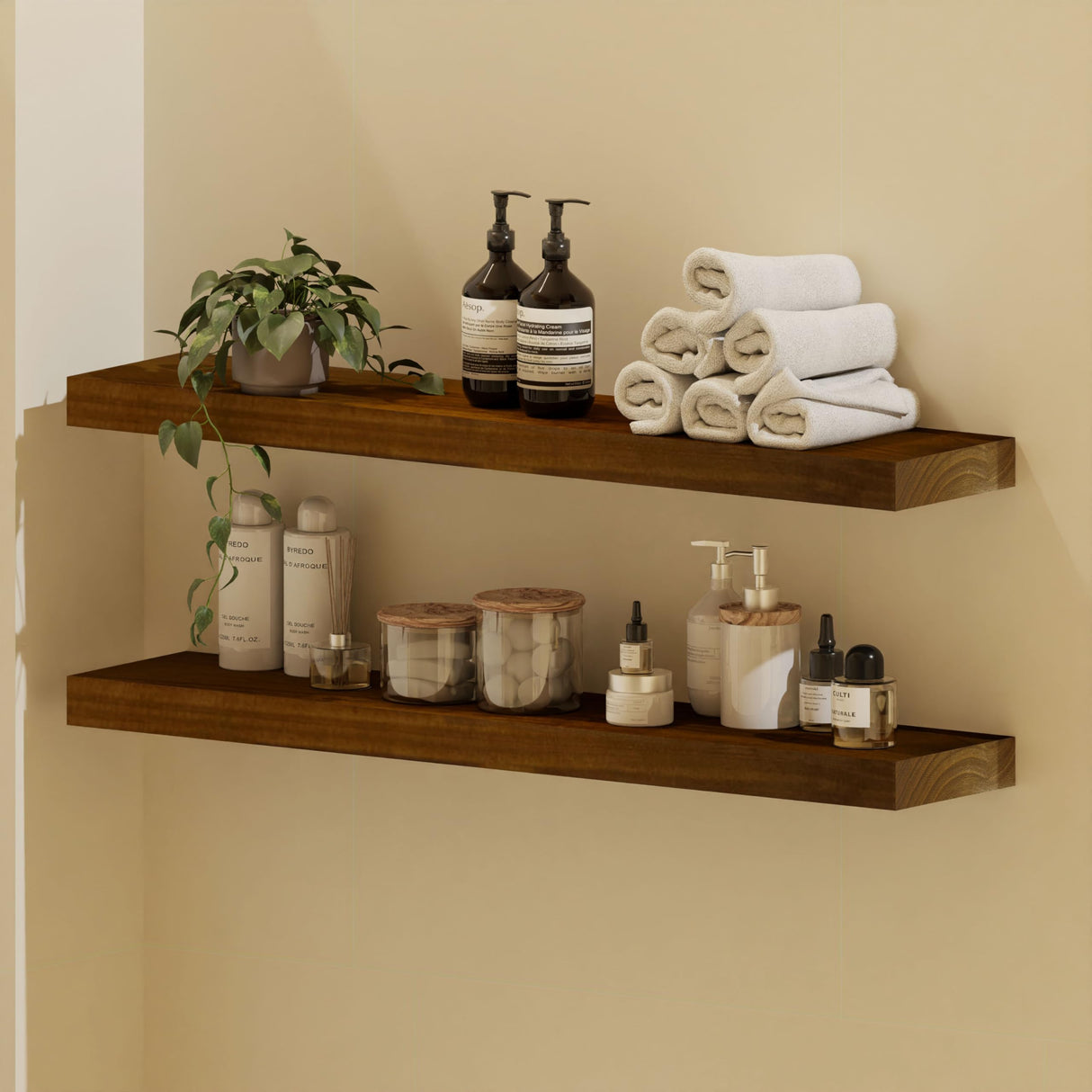 ROGMARS 36 Inches Long Walnut Floating Shelves,Rustic Solid Wood Farmhouse Wall Shelves with Invisible Brackets for Bathroom, Living Room, Bedroom, Kitchen Set of 2 ROGMARS