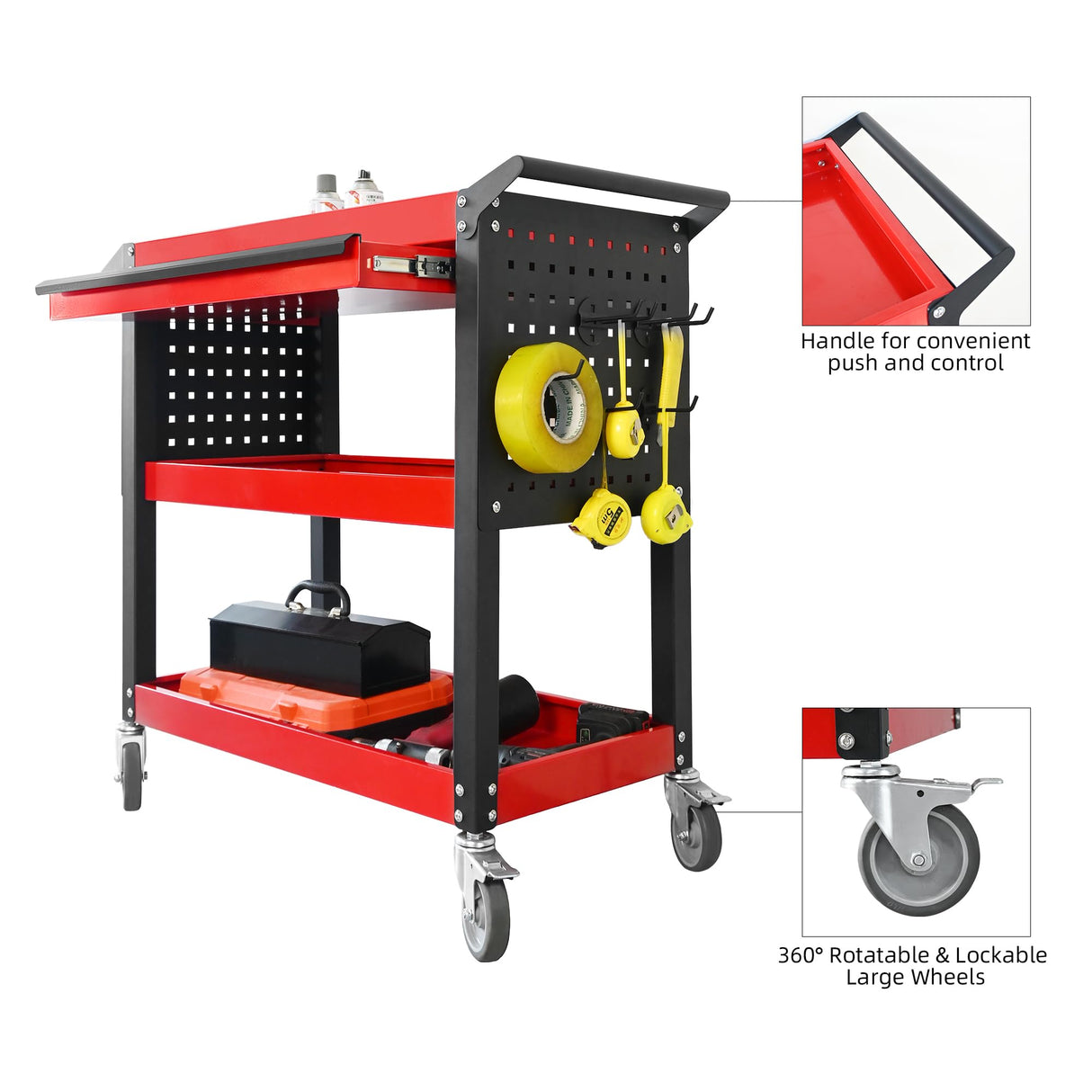 XCX 3 Tier Tool Cart on Wheels, Heavy Duty Metal Rolling Tool Cart with Drawers and Pegboards, 660 LBS Load Capacity Tool Storage Cart, Industrial Utility Tool Cart for Garage, Warehouse, Workshop XCX