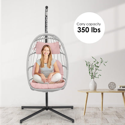 Hanging Egg Chair with Stand - Pink Swing Egg Chairs Wicker Rattan Hammock Chairs for Indoor Outdoor Bedroom Garden - Aluminum Steel Frame and UV Resistant Cushion 350LBS Capacity for Kids Ad - WoodArtSupply