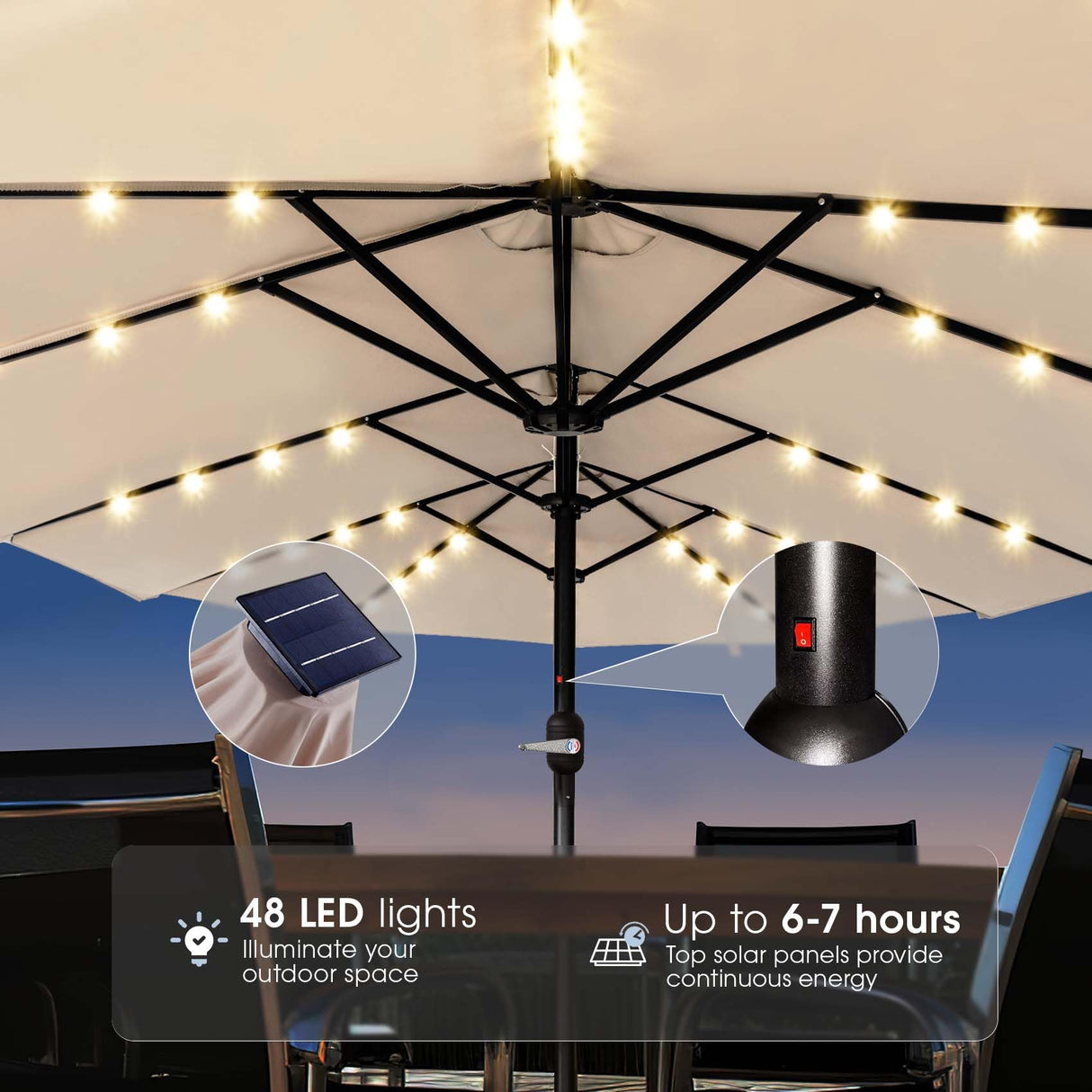 BLUU 15FT Solar LED Patio Umbrella with Base,Outdoor Double-Sided Umbrella with Crank Handle, Powerful UV Protective, for Pool Lawn Garden,Beige BLUU