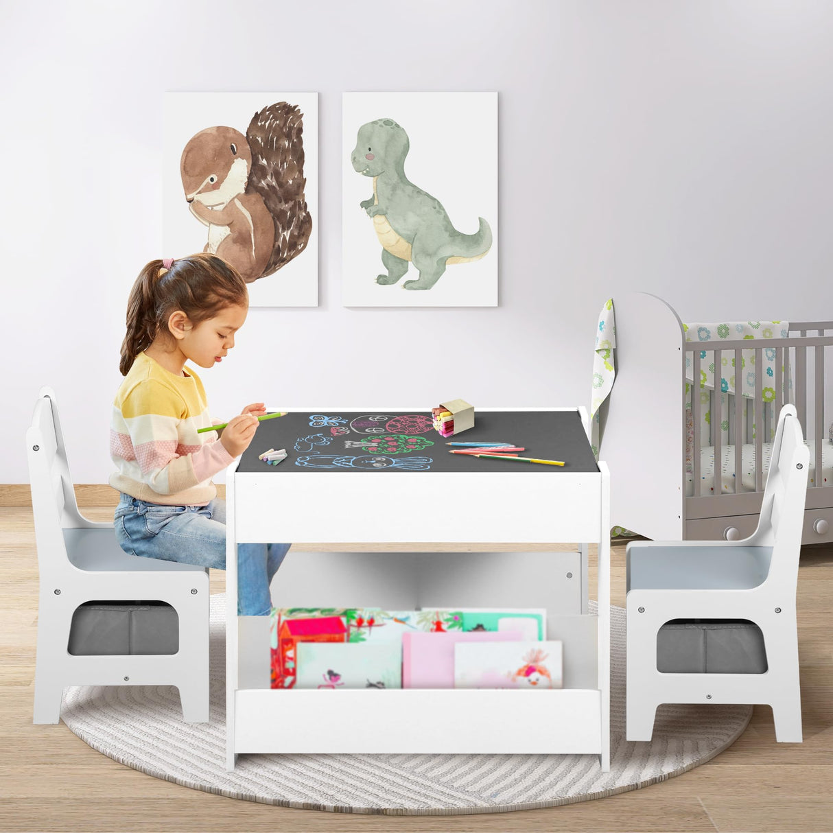 Kinder King Kids Wood Table & 2 Chairs Set, 4 in 1 Children Activity Table w/Double Bookcase, Blackboard, Toddler Furniture Set for Art, Crafts, Drawing, Reading, Playroom, Grey Kinder King