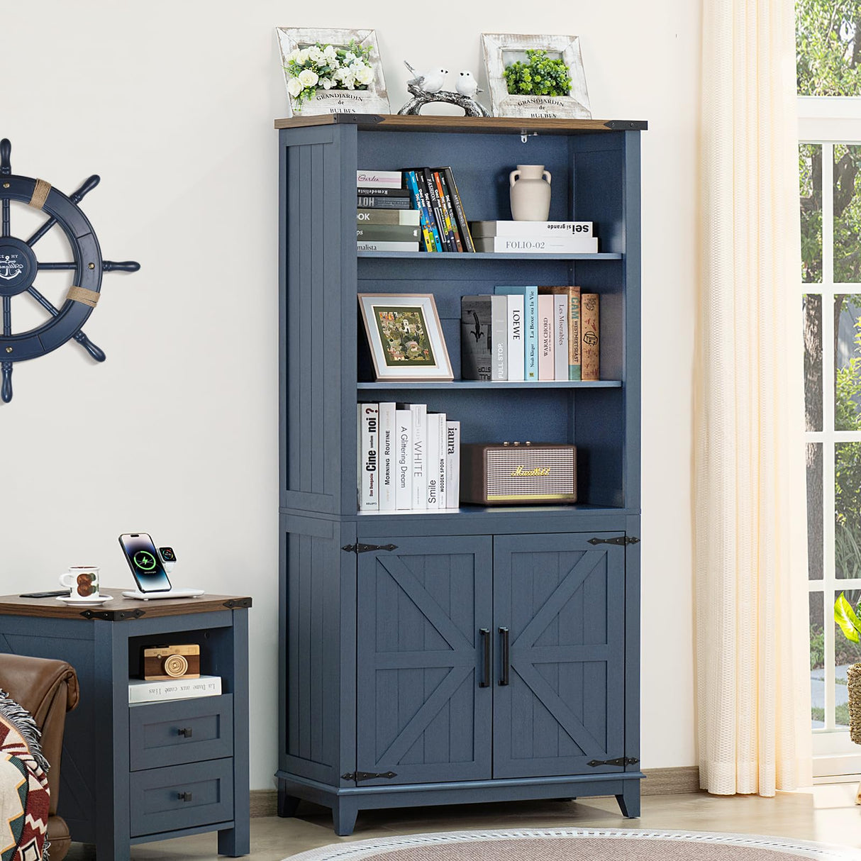 Joaxswe 70in Tall Bookshelf 5 Tier Bookcase with Barn Doors and Adjustable Shelves, Blue Farmhouse Book Shelf with Storage Cabinet, Wood Freestanding Display Bookshelves for Bedroom, Living Room Joaxswe