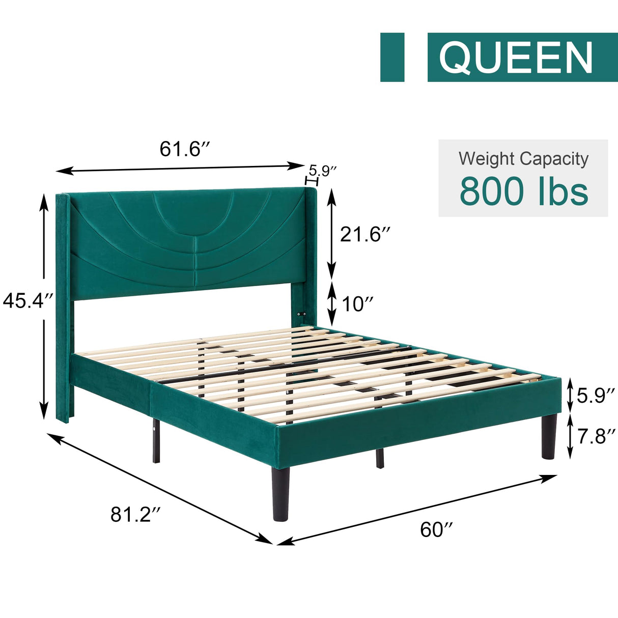 VECELO Dark Green Upholstered Queen Size Platform Bed Frame with Stylish Headboard and Wooden Slats – No Box Spring Needed VECELO