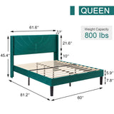 VECELO Dark Green Upholstered Queen Size Platform Bed Frame with Stylish Headboard and Wooden Slats – No Box Spring Needed VECELO