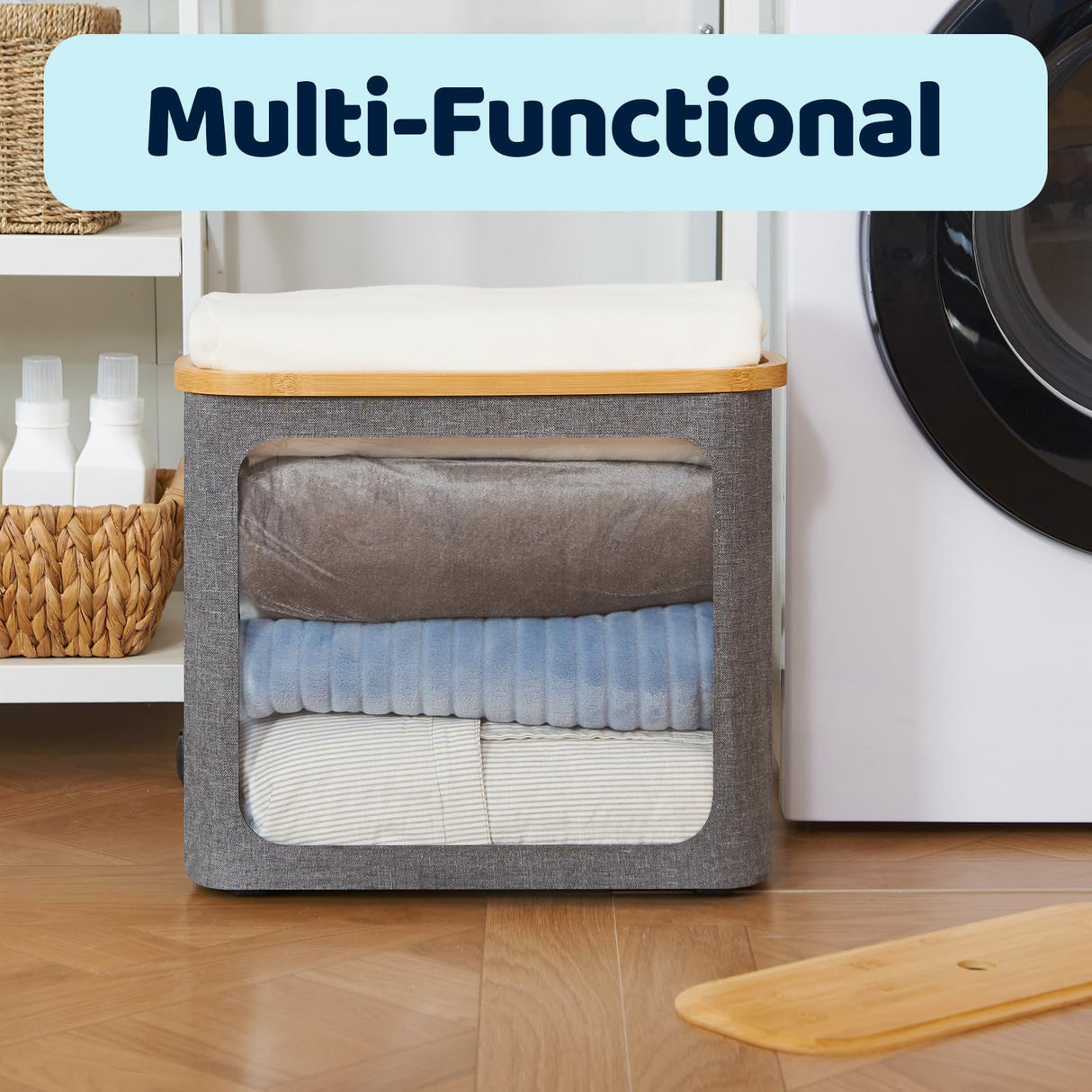 ROSOS Toilet Paper Basket, Toilet Paper Storage with Lid for 12 Rolls, Bathroom Storage Organizer with Bamboo Lid, Grey ROSOS