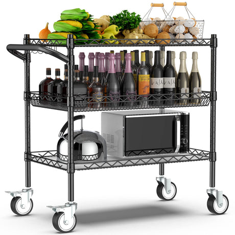 Leteuke 3 Tier Rolling Carts with Wheels,990Lbs Heavy Duty Rolling Utility Cart,NSF Commercial Grade Metal Cart with Handle&Shelf Liner,Trolley Serving Cart for Kitchen,Restaurant,Plant Display,Black Leteuke