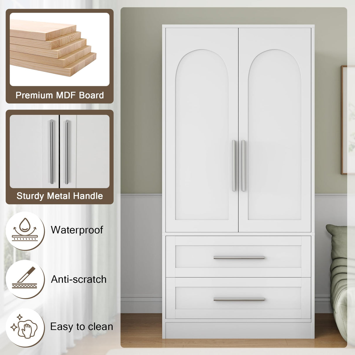 Einhomn Wooden Armoire Wardrobe Closet with 2 Doors and 2 Drawers,Bedroom Freestanding Armoire Storage Cabinet with Shelves,Tall Clothing Storage Cabinet for Bedroom,White Einhomn