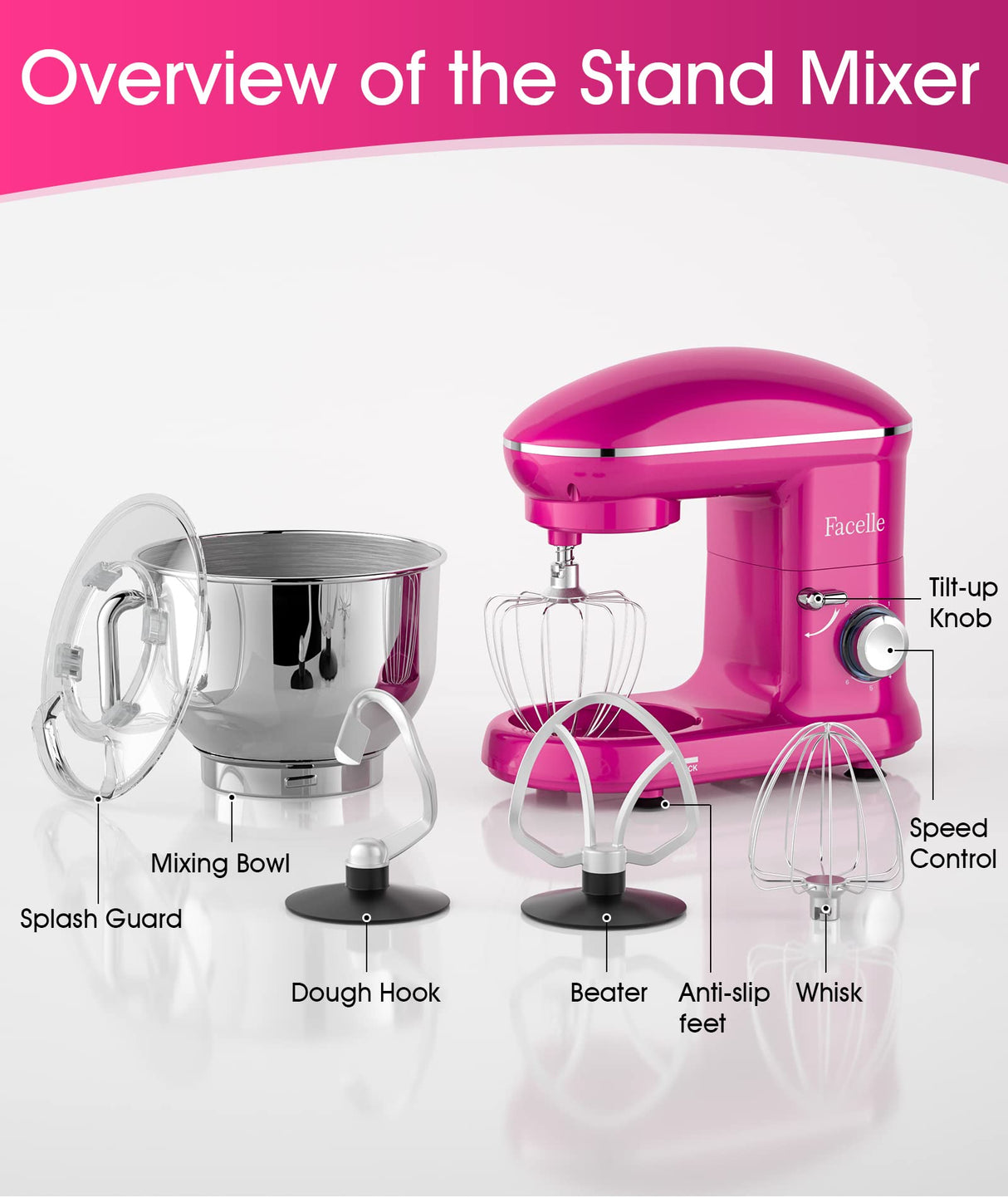 Facelle Stand Mixer, Electric Kitchen Mixer, 660W 6 Speed Tilt-Head stand mixer with Pulse Button, Attachments include 6.5 QT Bowl, Dishwasher Safe Beater, Dough Hook, Whisk & Splash Guard - Purple Facelle