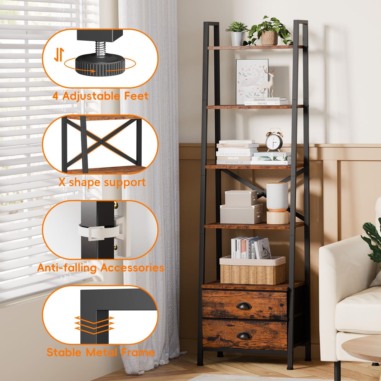 Furologee 5-Tier Ladder Shelf with 2 Drawers,Narrow Bookshelf Storage Shelves,Industrial Bookcase Freestanding Shelf Units for Bedroom,Living Room,Bathroom,Home Office,Balcony,Wood Metal,Rustic Brown