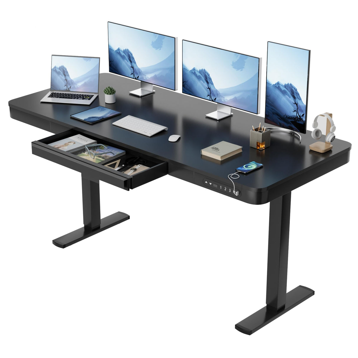 Furmax Electric Standing Desk with Drawer 55 x 24 Inch Adjustable Height Stand up Desk Home Office Computer Desk with USB Ports, Black Furmax