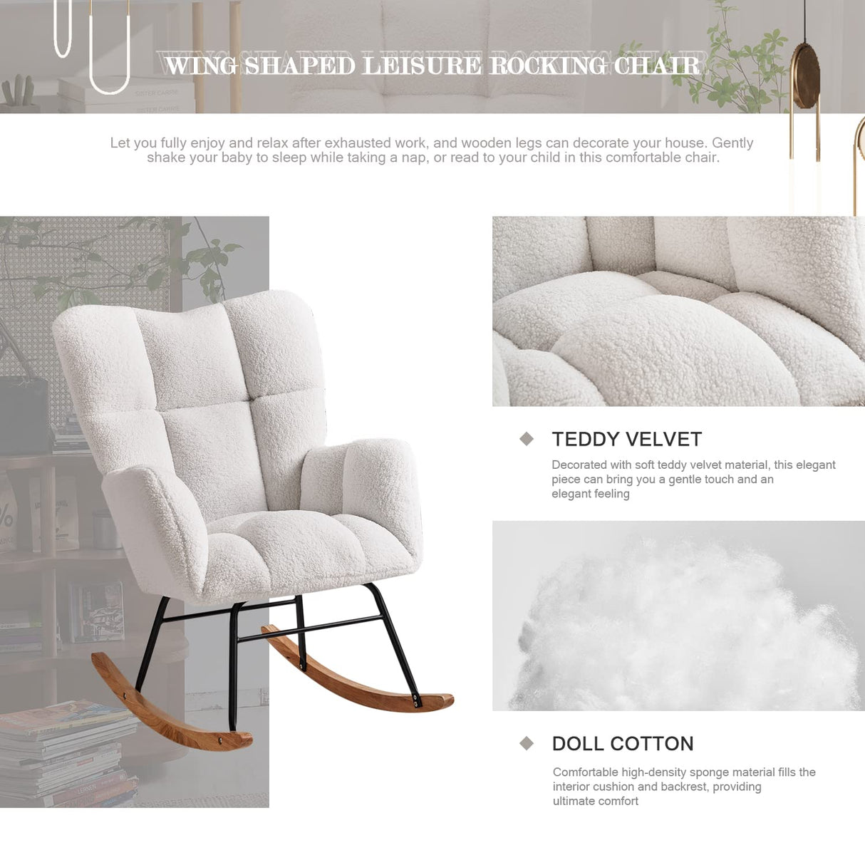 Ugijei Nursery Rocking Chair, Teddy Upholstered Glider Rocker with High Backrest Armchair, Modern Rocking Accent Chairs for Nursery, Living Room, Bedroom, Offices (Ivory) Ugijei