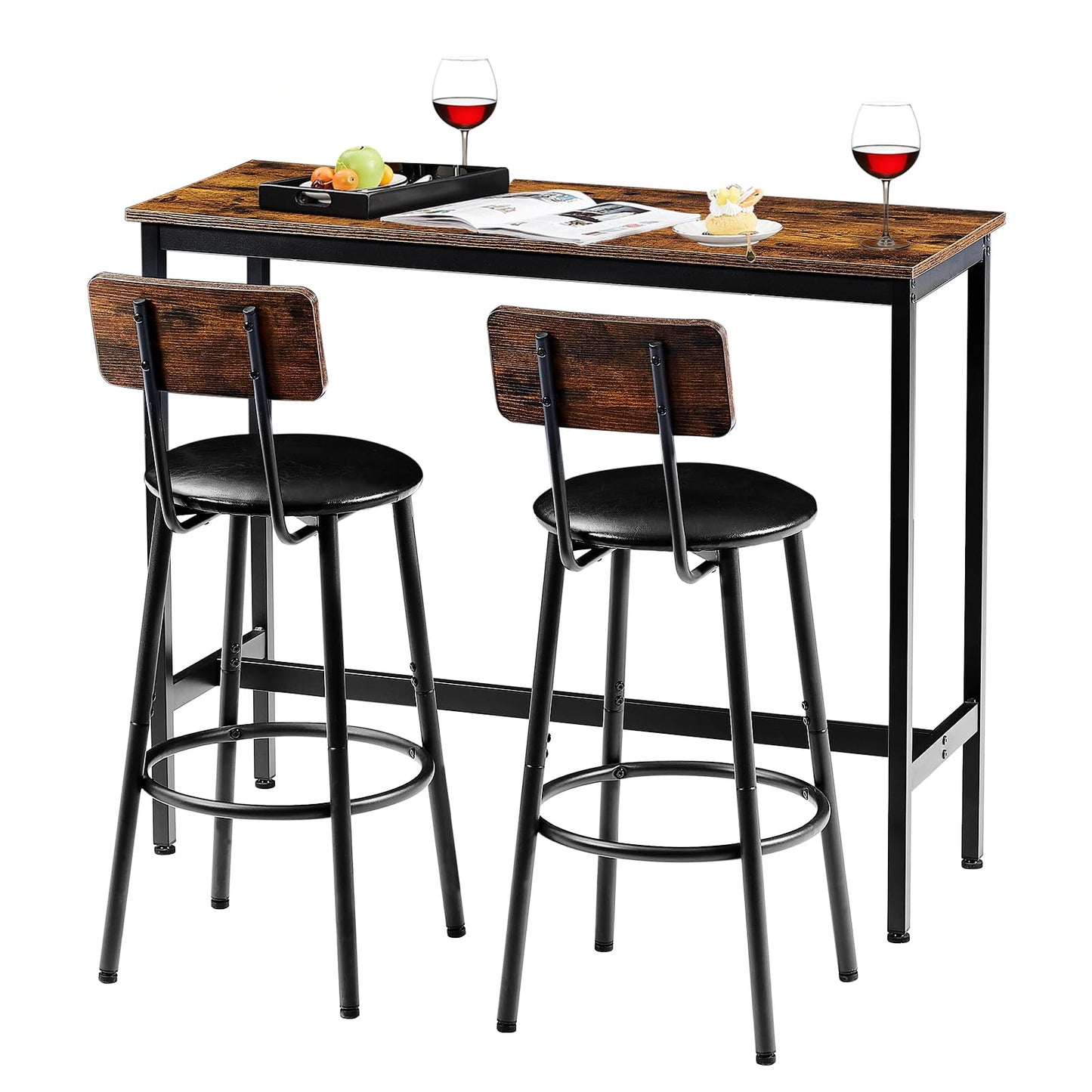 Tatub Industrial Bar Table and 2 Stools Set with PU Upholstery, Rustic Brown Finish