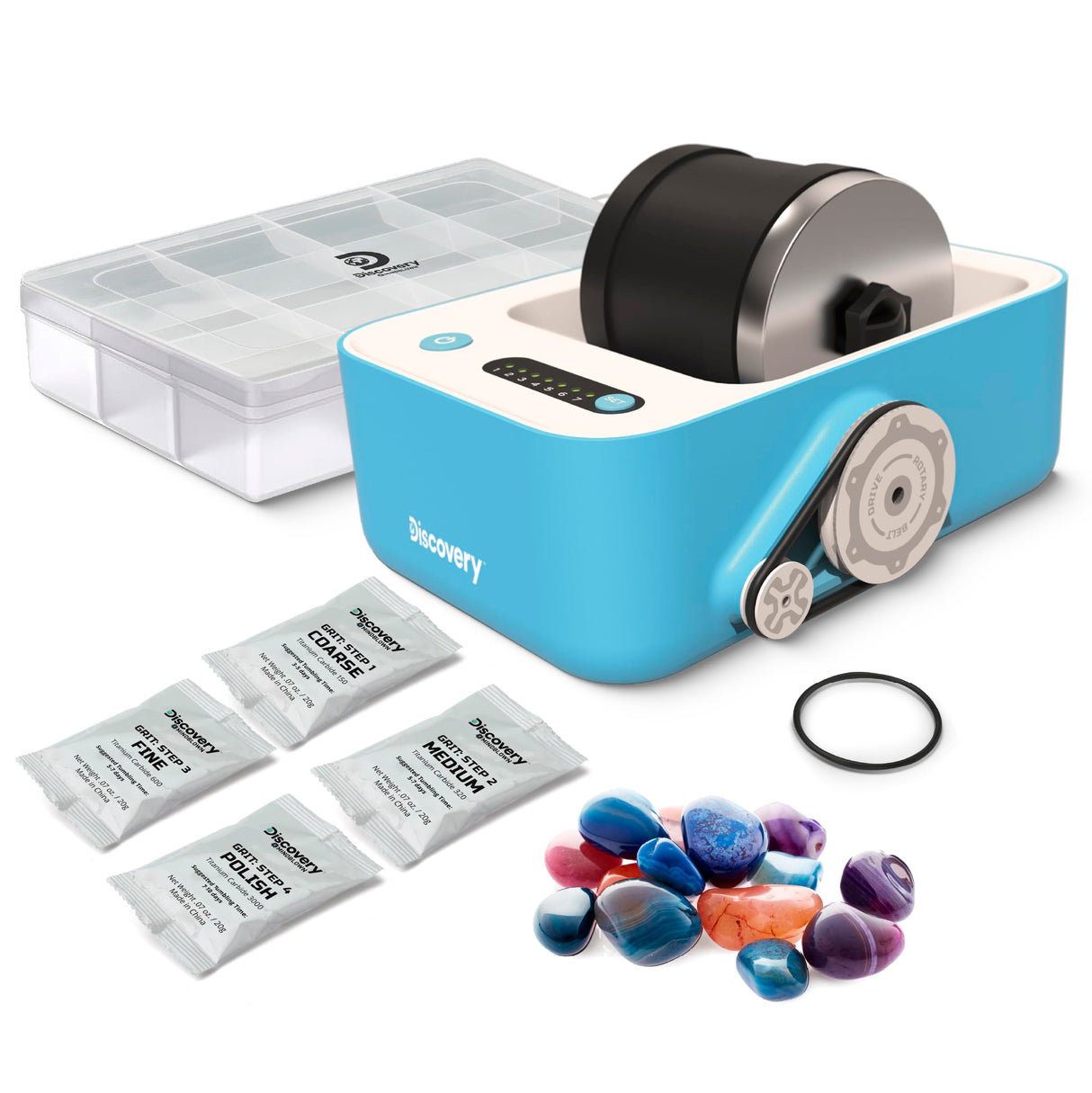 Discovery™ #MINDBLOWN Rock Tumbler Deluxe Set – Stone Polishing Kit with Rocks, 4 Grits, Gem Case| STEM Science Project Kit for Kids & Beginners| Fun Craft Kit Gift| Cool Toy for Boys & Girls Ages 8+ Discovery Kids