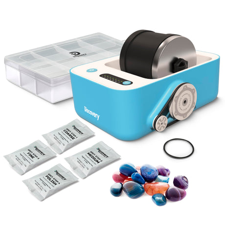 Discovery™ #MINDBLOWN Rock Tumbler Deluxe Set – Stone Polishing Kit with Rocks, 4 Grits, Gem Case| STEM Science Project Kit for Kids & Beginners| Fun Craft Kit Gift| Cool Toy for Boys & Girls Ages 8+ Discovery Kids