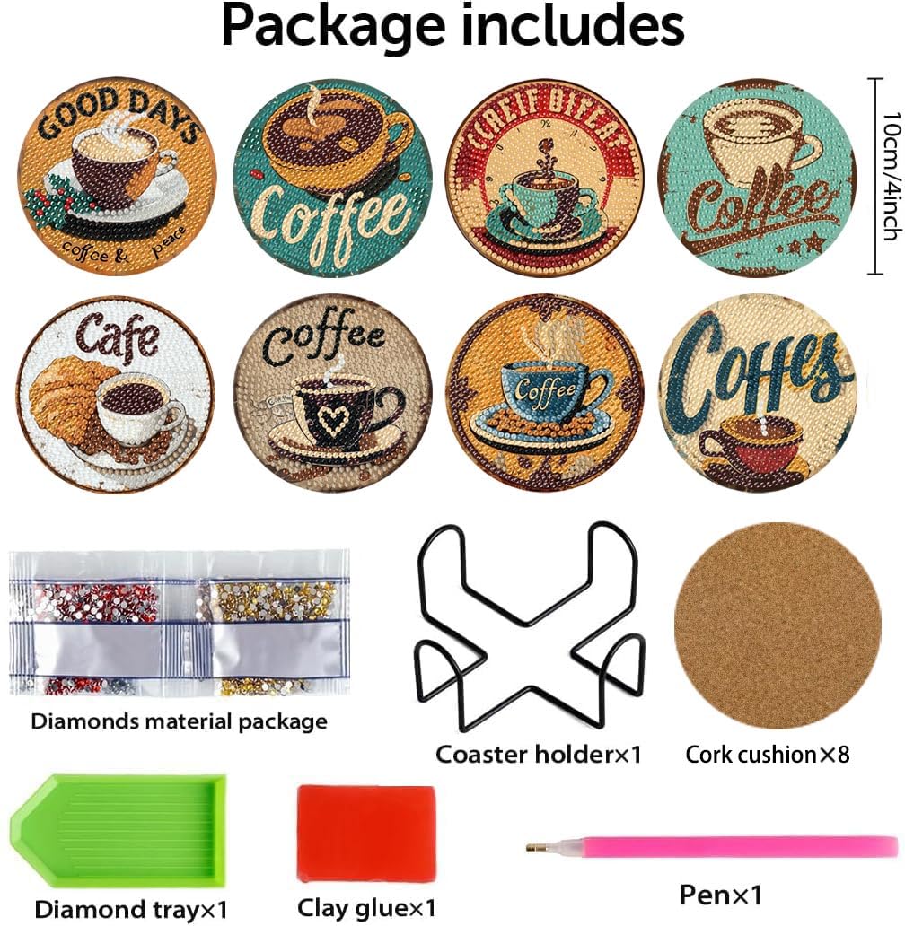 cupmod Coffee Diamond Painting Coasters Kits,8 Pcs Coffee Diamond Art Coasters with Holder, Crafts Kits for DIY Coasters Diamond Art Kits for Adults cupmod