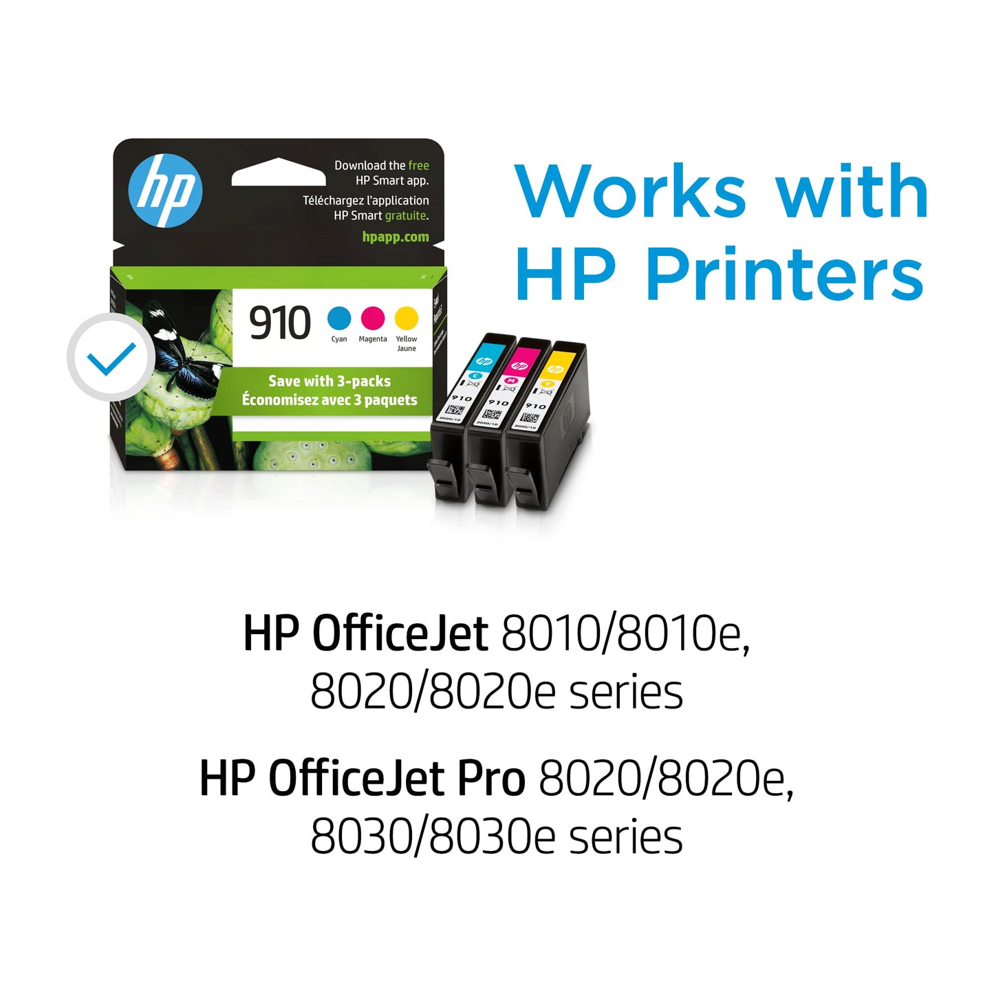 HP 910 Cyan, Magenta, Yellow Ink Cartridges | Works with HP OfficeJet 8010, 8020 Series, HP OfficeJet Pro 8020, 8030 Series | Eligible for Instant Ink | 3YN97AN, 3 Count (Pack of 1)