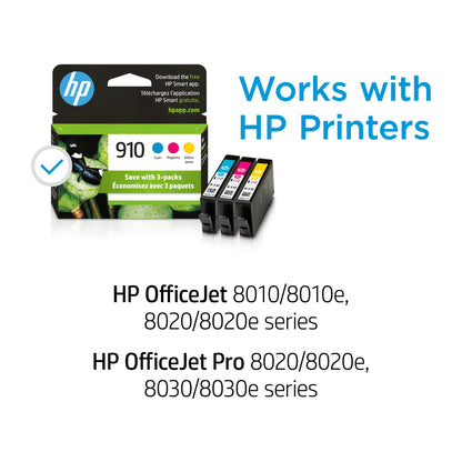 HP 910 Cyan, Magenta, Yellow Ink Cartridges | Works with HP OfficeJet 8010, 8020 Series, HP OfficeJet Pro 8020, 8030 Series | Eligible for Instant Ink | 3YN97AN, 3 Count (Pack of 1)