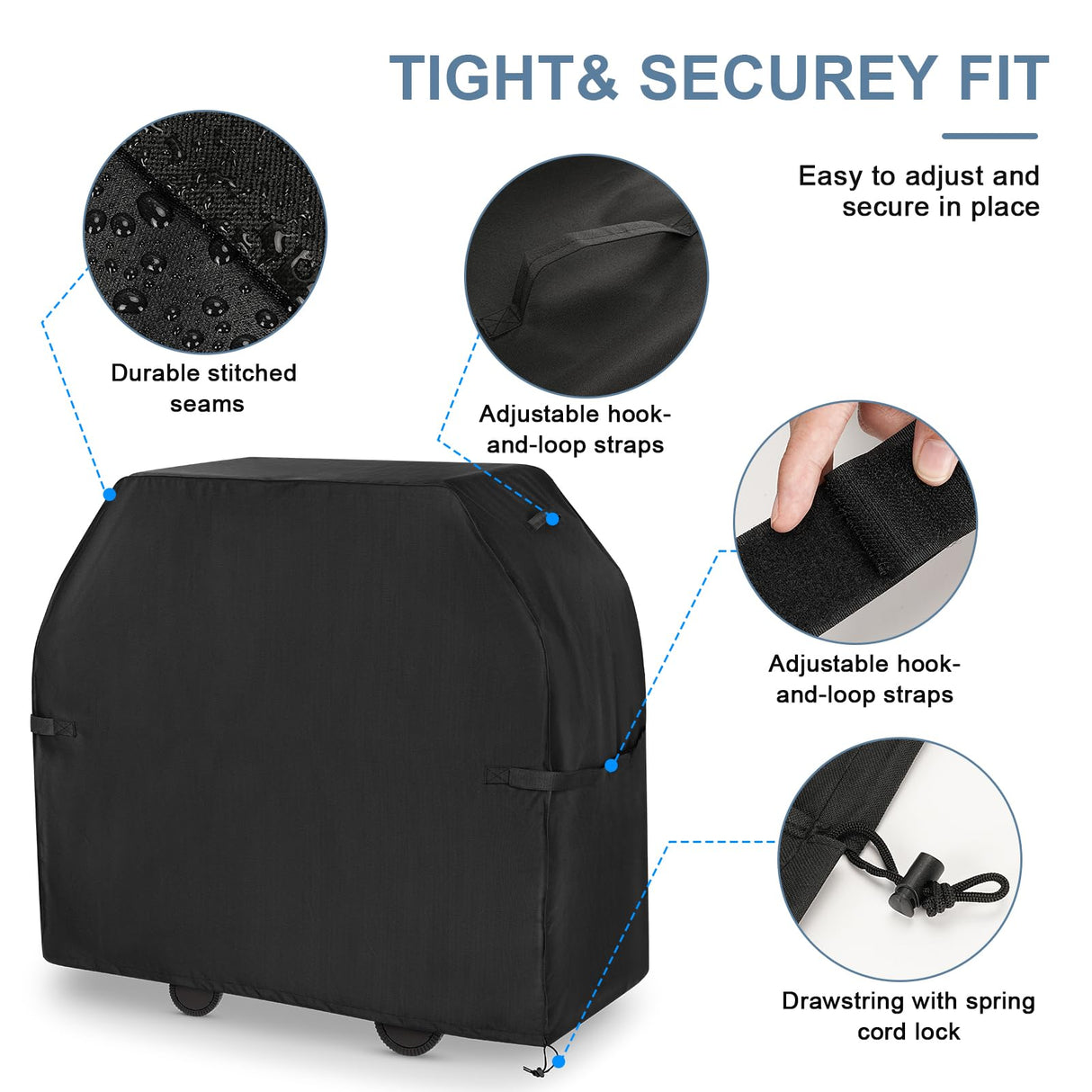 EVLIQUIL Grill Cover for Outdoor Grill,BBQ Gas Grill Cover 58 Inch,Heavy Duty Waterproof UV & Fade Resistant Barbecue Cover with Hook-and-Loop Straps & Adjustable Hem Drawstring Outside(Black). EVLIQUIL