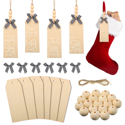 Christmas Wood Stocking Name Tags DIY Stocking Signs Personalized Farmhouse Stockings Name Tag with Buffalo Check Bows for Christmas Closet Xmas Hanging Decoration(Natural Color,6 Pieces) - WoodArtSupply