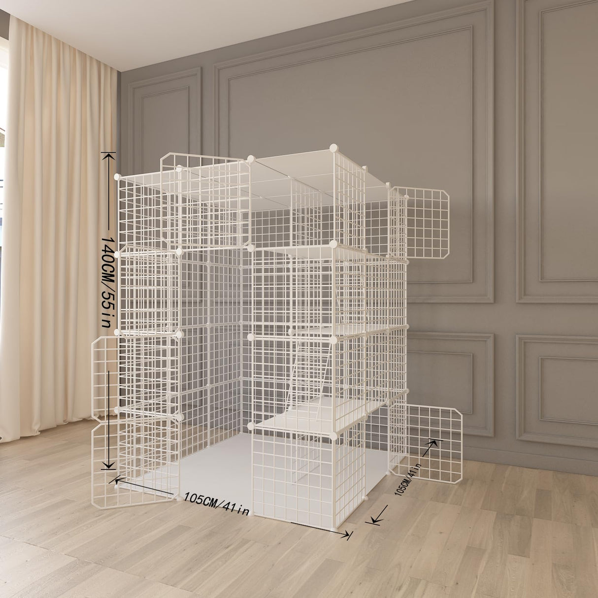 Indoor Cat Cage Enclosure DIY,Cat Playpen Catio Thick Metal Wire Kennels for 1-3 Cats Kitten Cage Detachable Patio Cat Crate (White, 41" L x 41" W x 55" H) Leptzoa