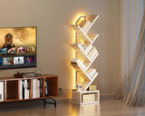 Casaottima White Tree Bookshelf with LED Light Strip — 6-Tier Small Floor Standing Bookcase, Narrow Steel & Wood Book Organizer Shelf with Cabinet, Home Decor for Living Room/Bedroom/Home Office Casaottima